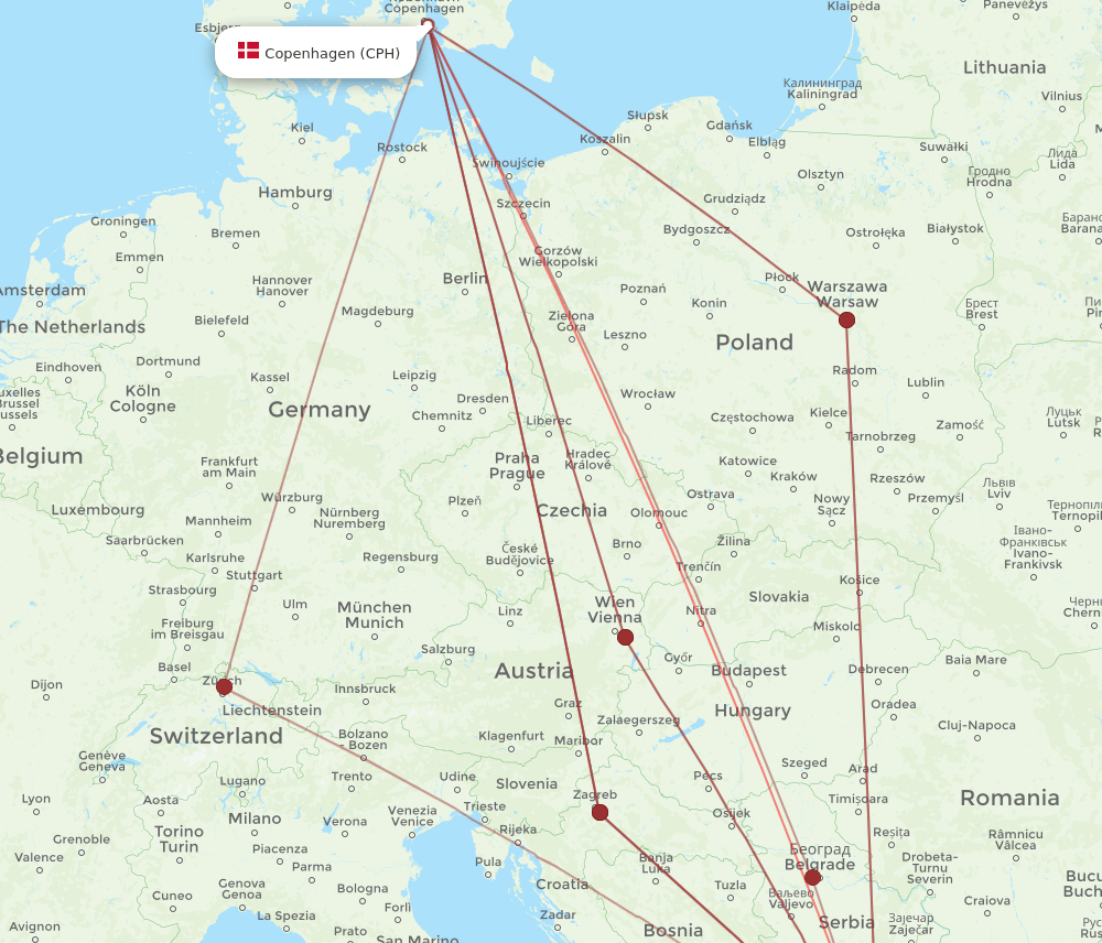 SKP-CPH flight routes