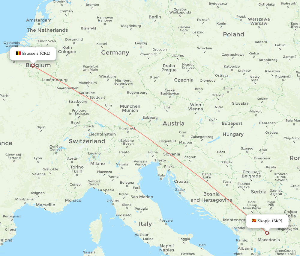 Skopje - Brussels route map and flight paths
