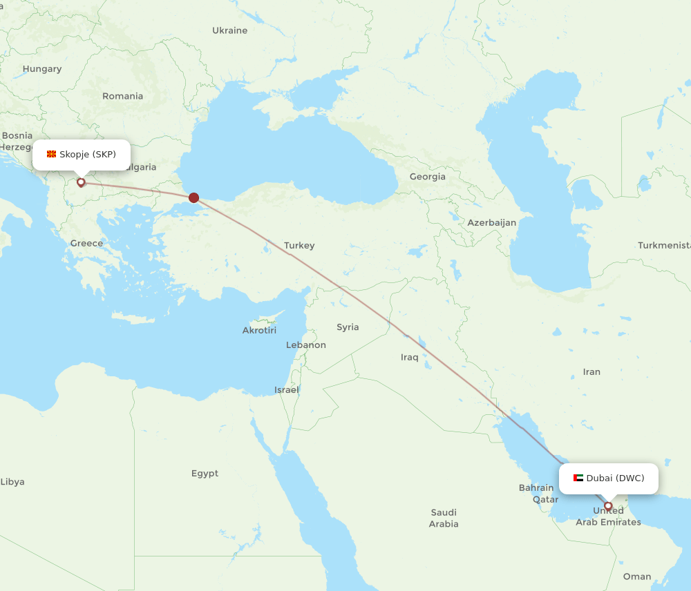 DWC to SKP flights and routes map