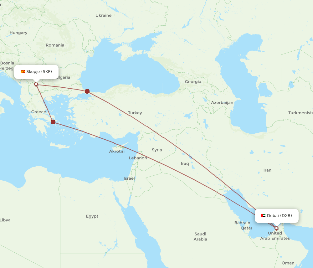 SKP to DXB flights and routes map