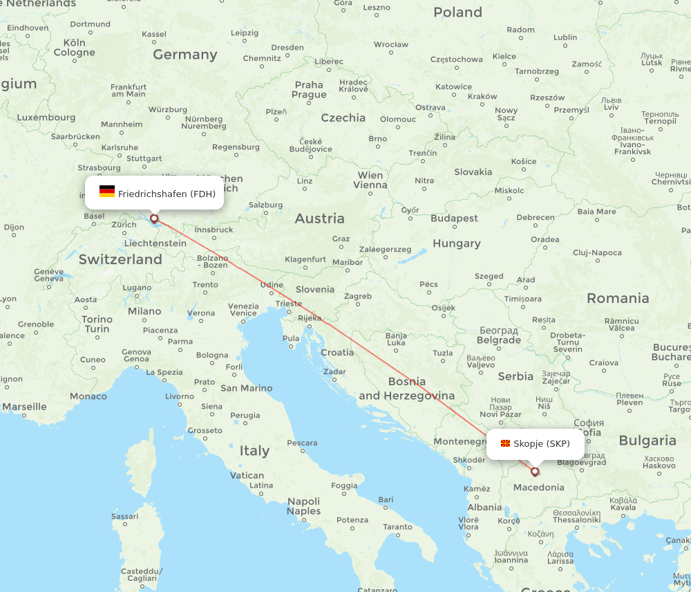 Skopje - Friedrichshafen route map and flight paths