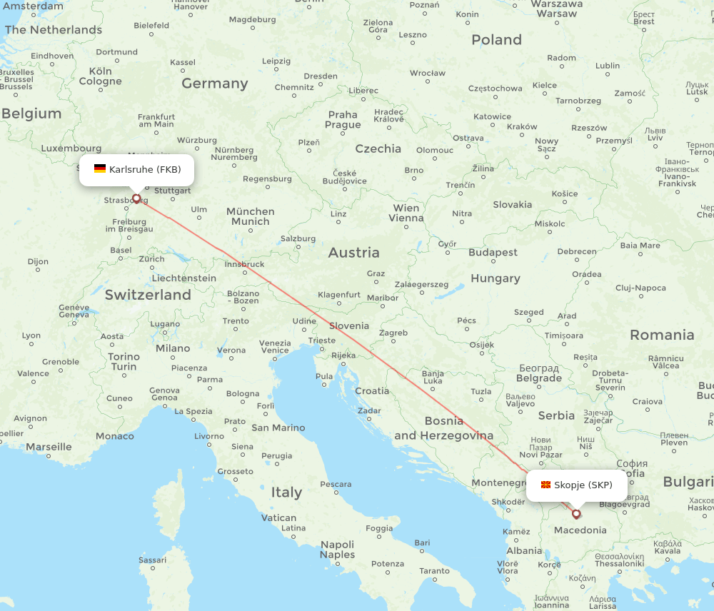 Skopje - Karlsruhe/Baden-Baden route map and flight paths