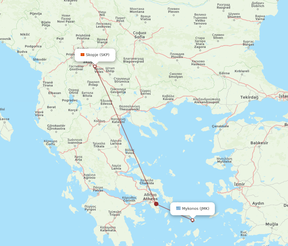 SKP to JMK flights and routes map