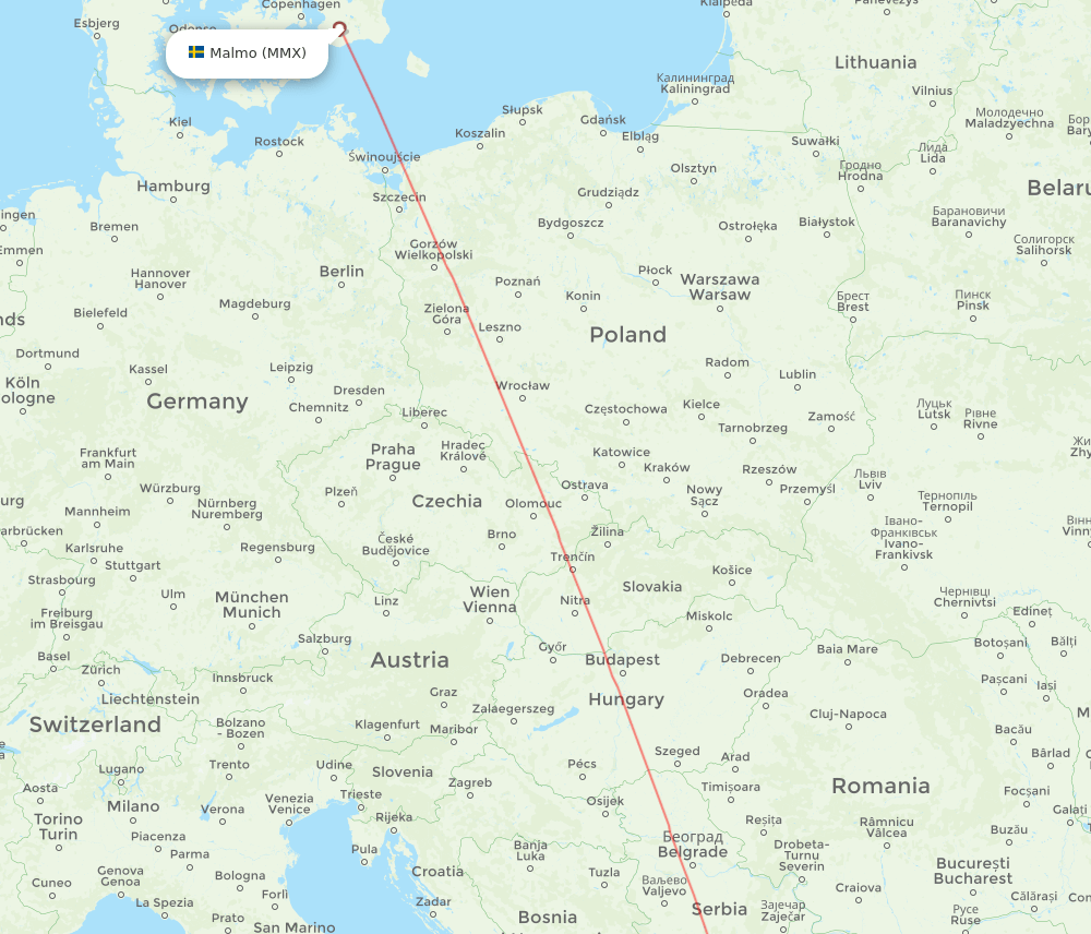 Skopje - Malmo route map and flight paths