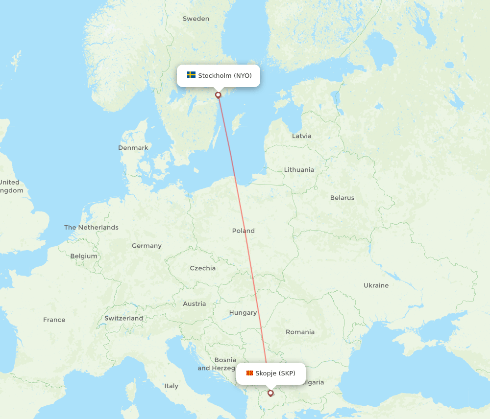 Skopje - Stockholm route map and flight paths