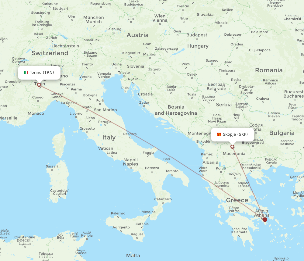 Turin - Skopje route map and flight paths