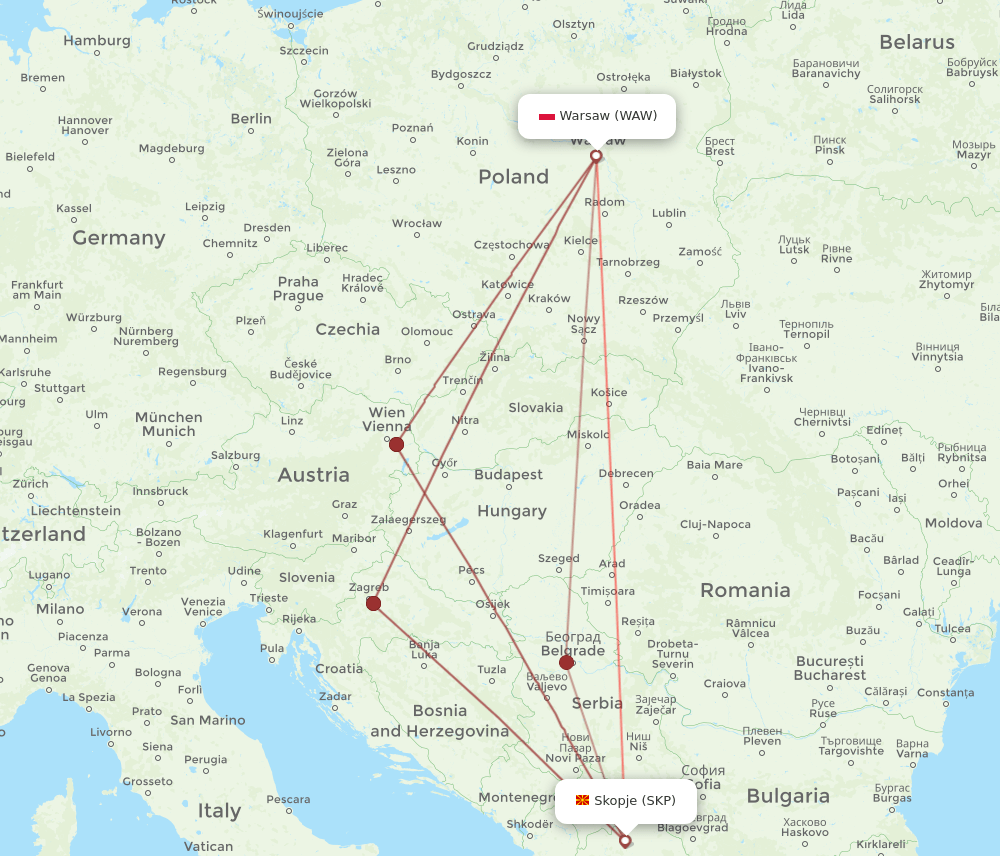 SKP-WAW flight routes
