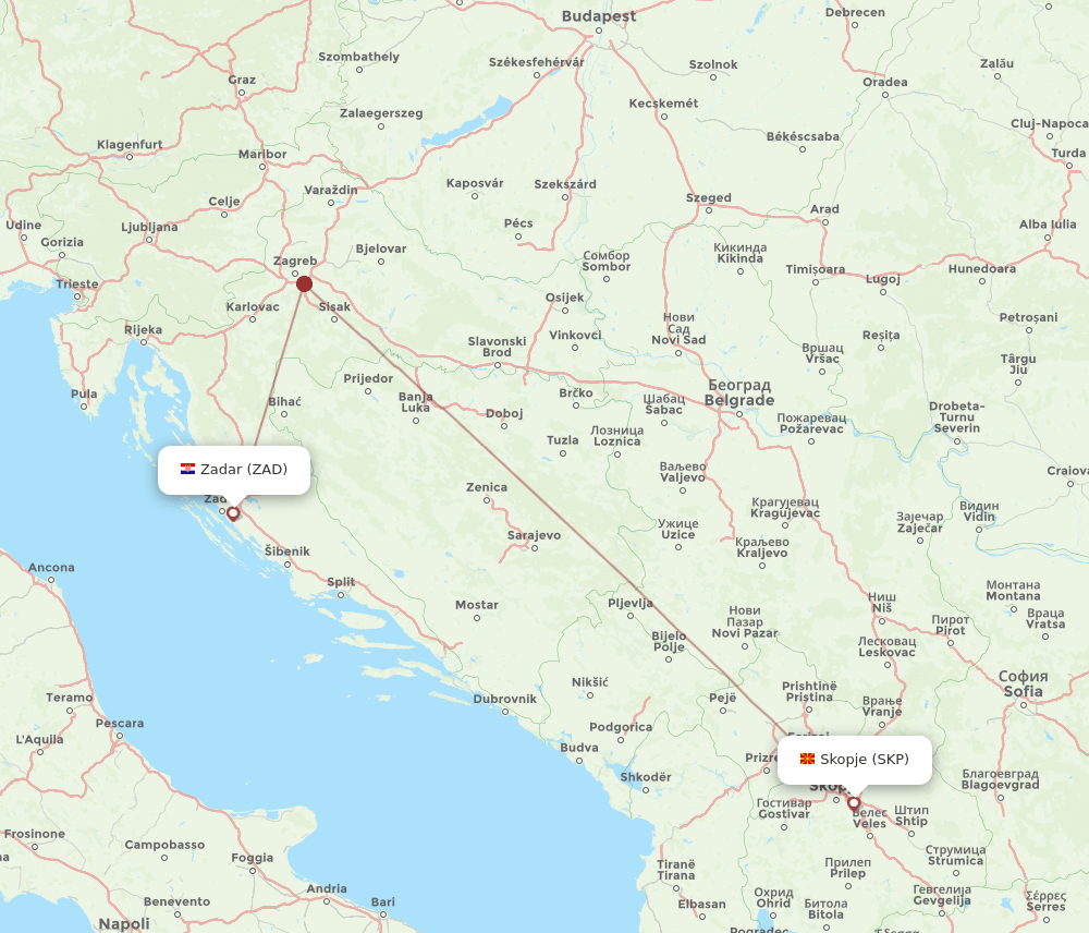 Zadar - Skopje route map and flight paths