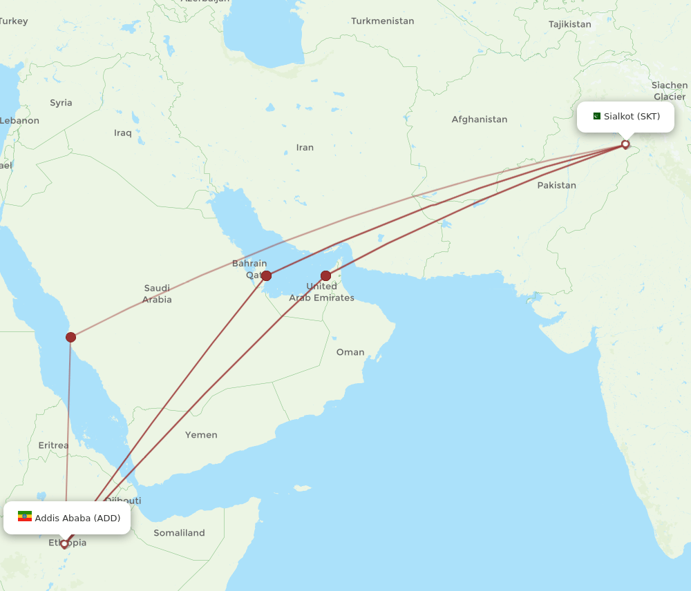 SKT to ADD flights and routes map