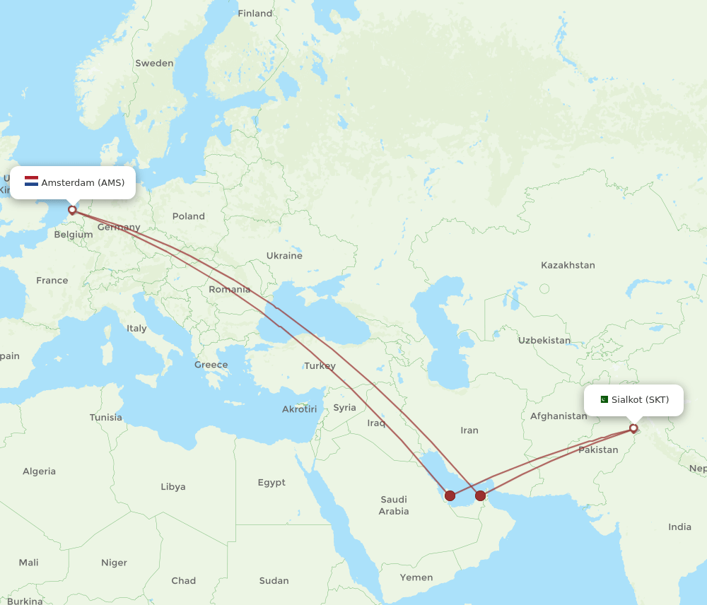 SKT-AMS flight routes