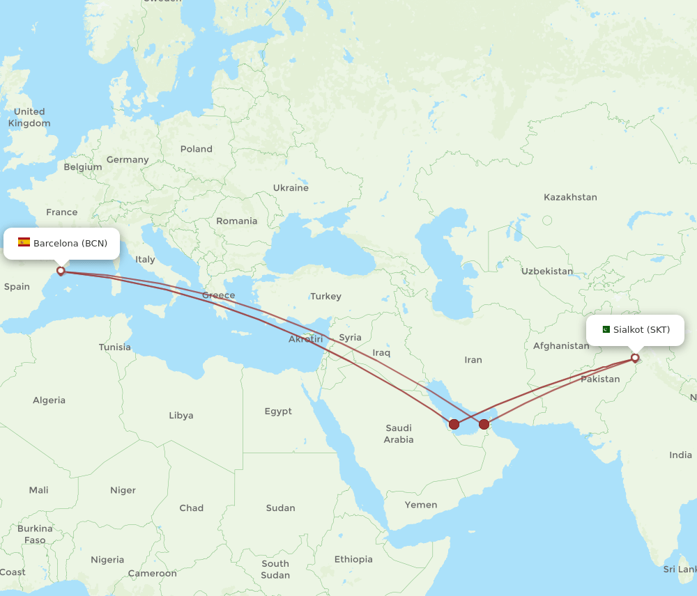 SKT to BCN flights and routes map