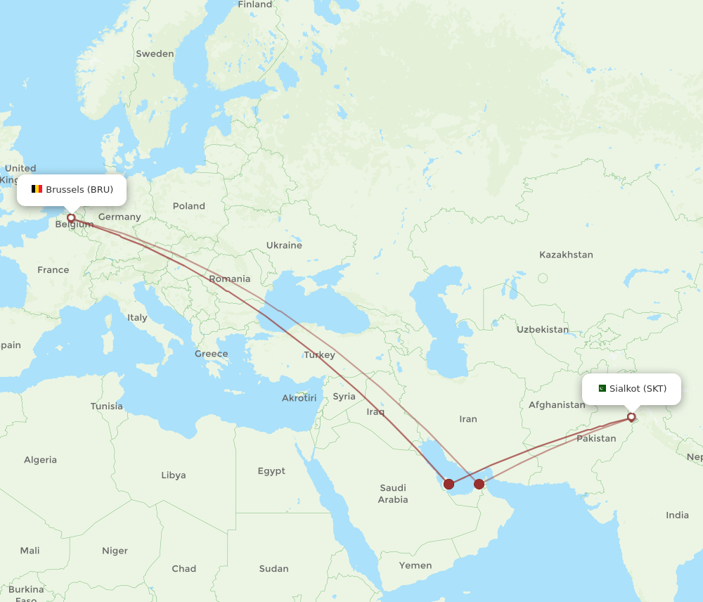 SKT-BRU flight routes