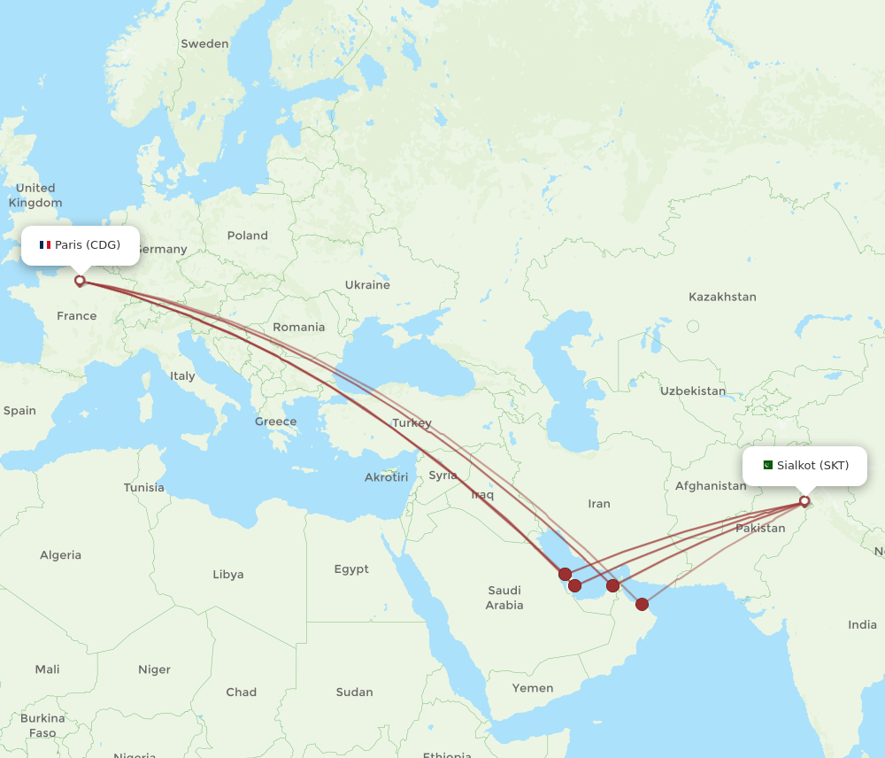 SKT-CDG flight routes