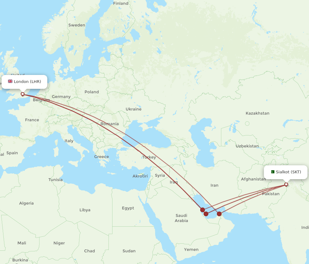 SKT to LHR flights and routes map