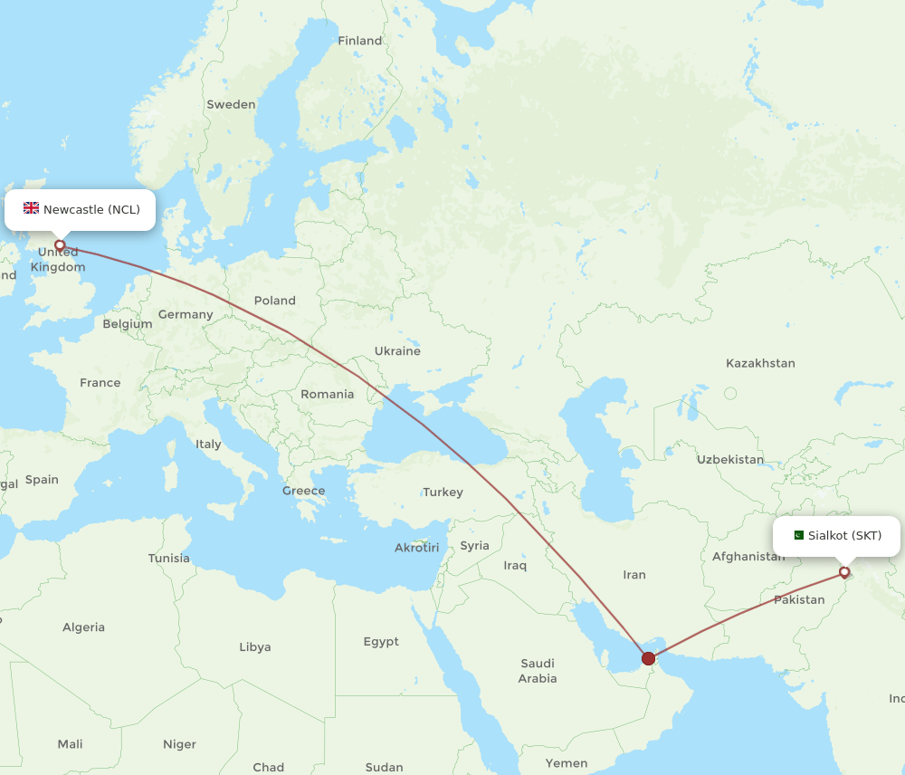 SKT-NCL flight routes