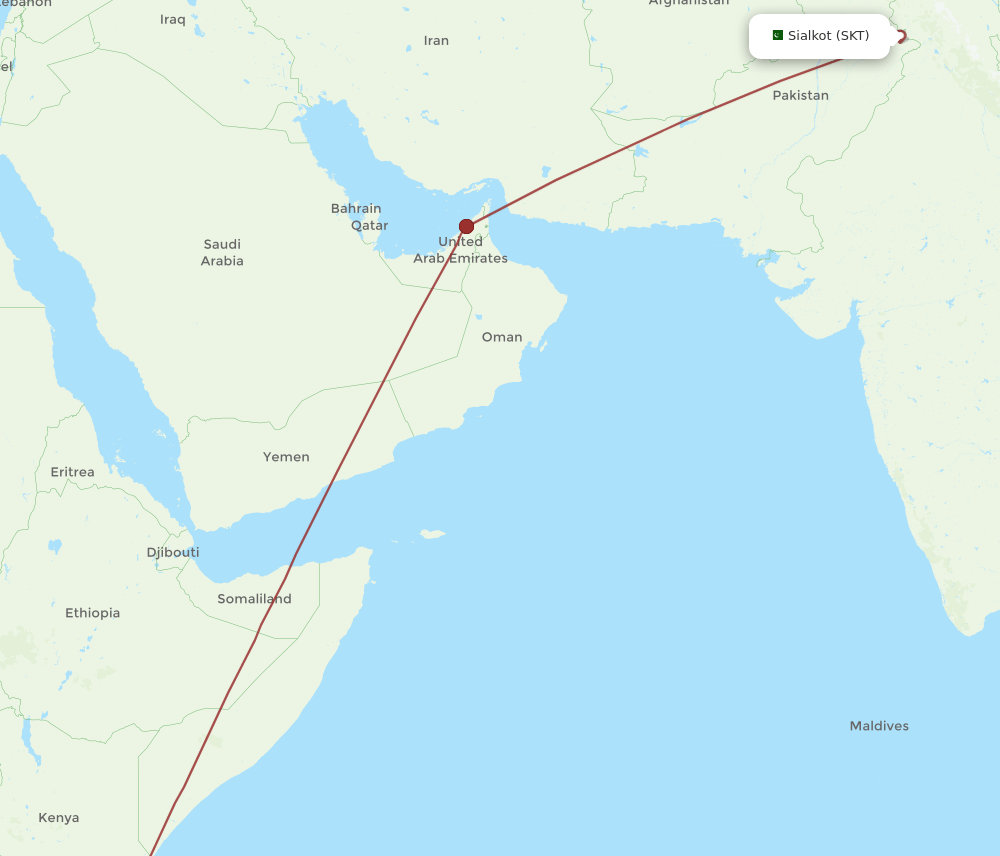 Zanzibar - Sialkot route map and flight paths