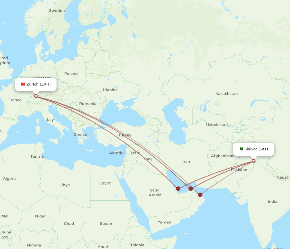 Zurich - Sialkot route map and flight paths