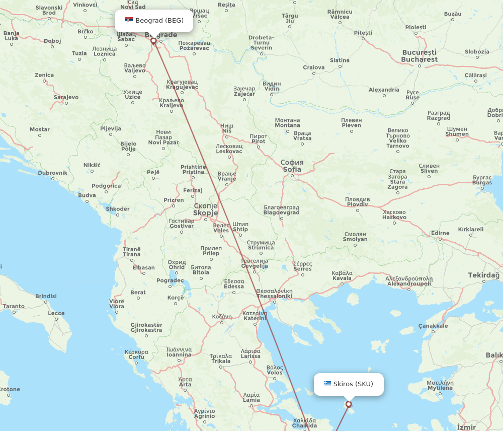 Belgrade - Skiros route map and flight paths