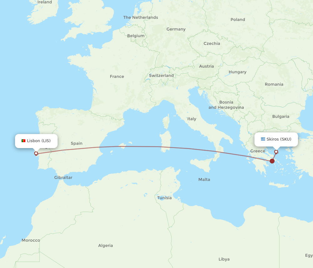 Lisbon - Skiros route map and flight paths