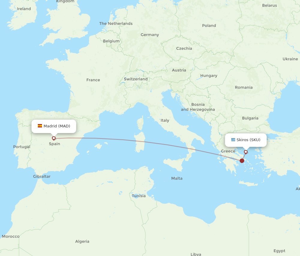 Madrid - Skiros route map and flight paths