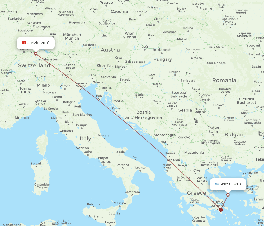 Zurich - Skiros route map and flight paths