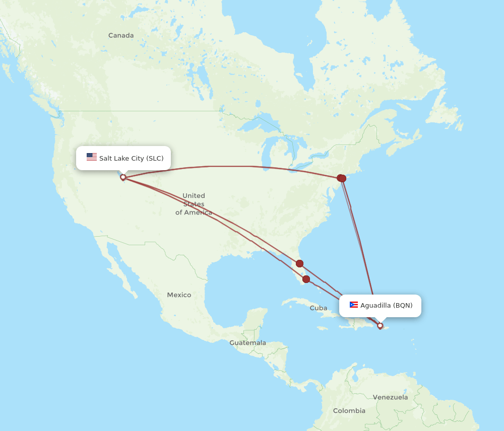 SLC to BQN flights and routes map