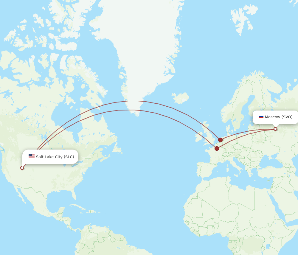 Salt Lake City - Moscow route map and flight paths