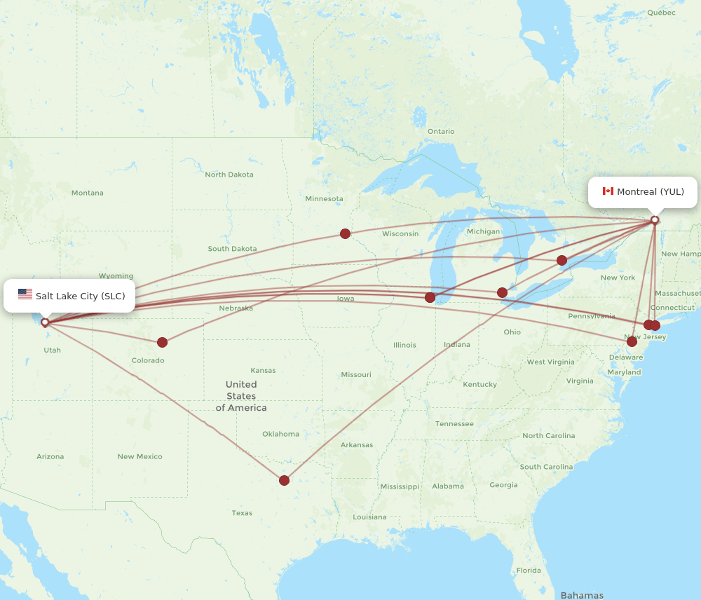 Montreal - Salt Lake City route map and flight paths