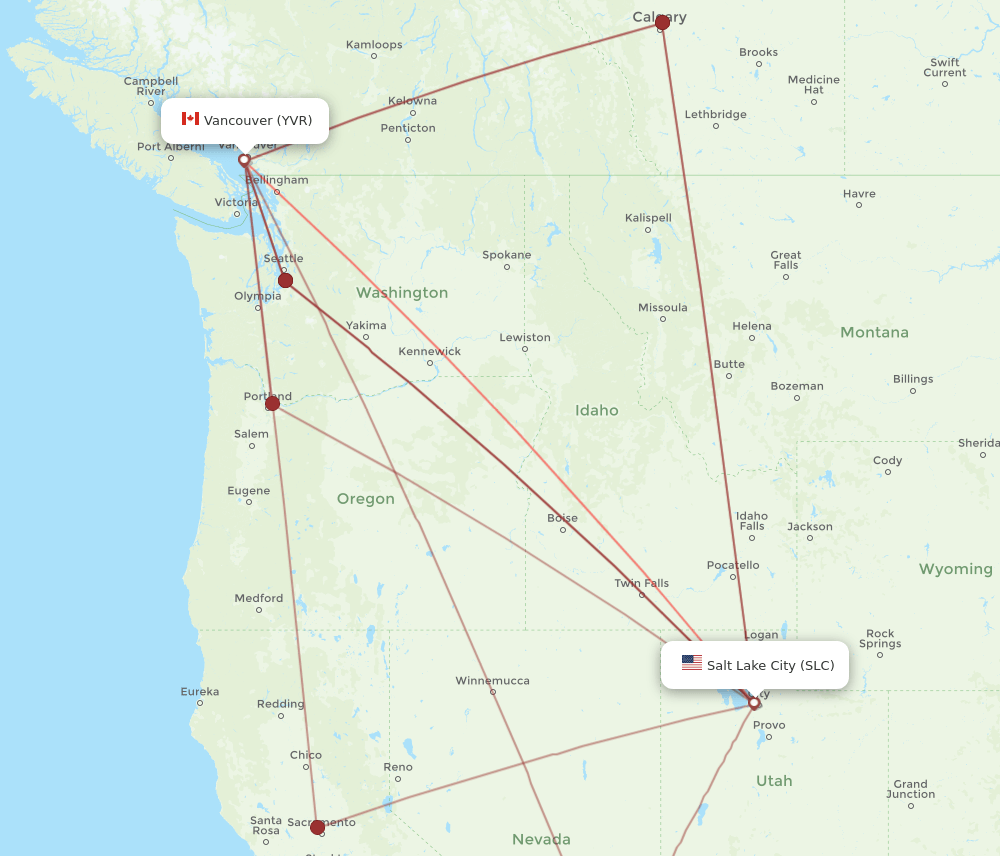SLC to YVR flights and routes map