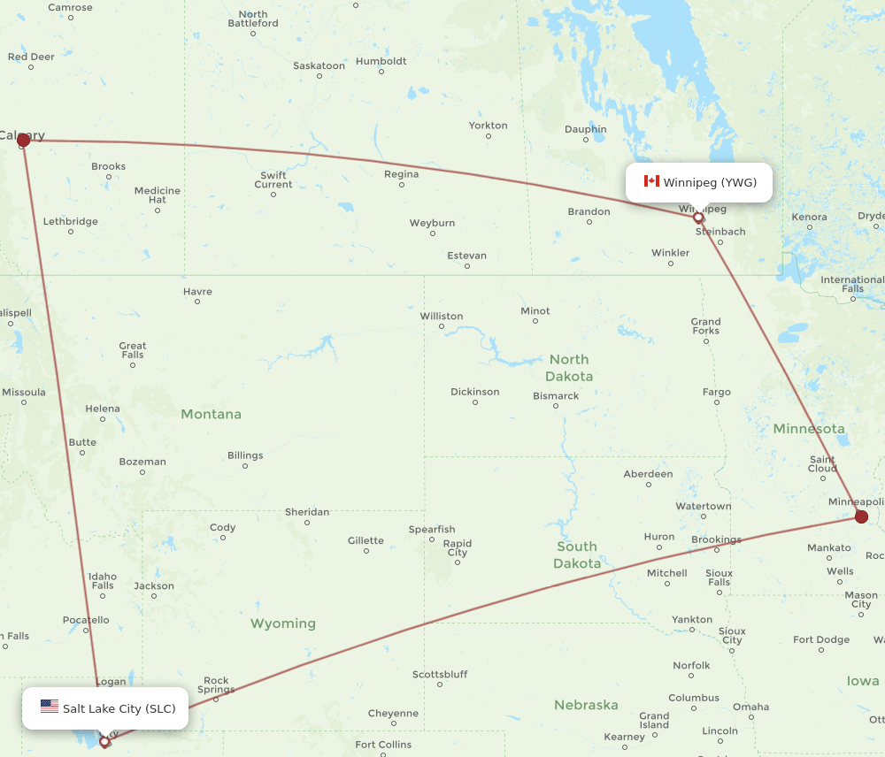 YWG to SLC flights and routes map
