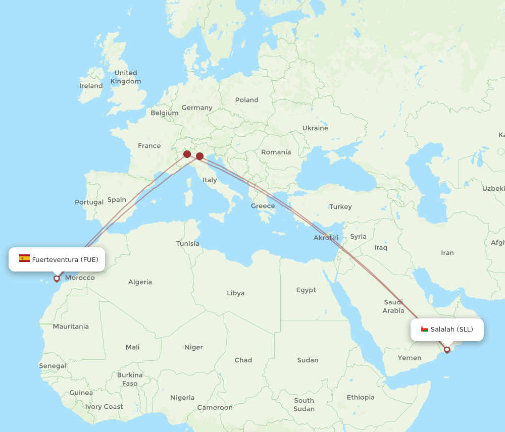 Puerto del Rosario - Salalah route map and flight paths