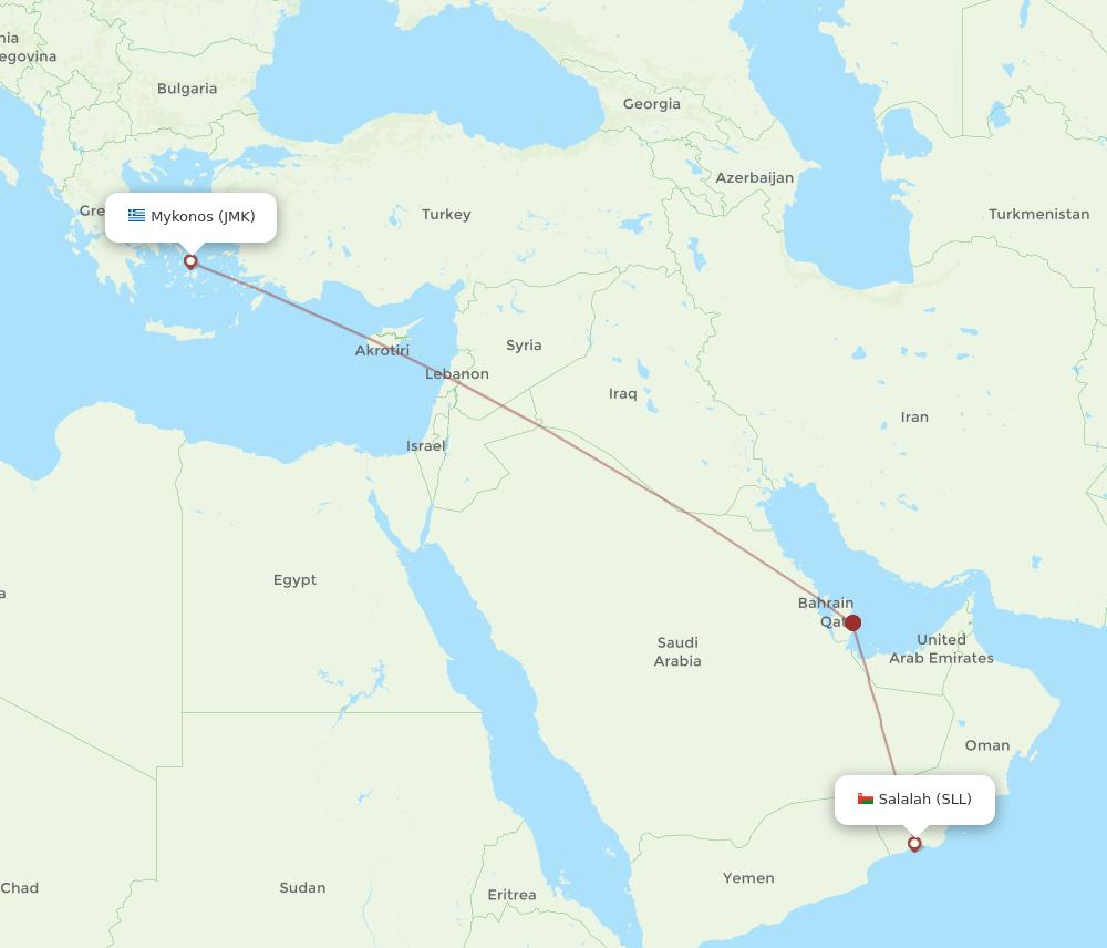 Mykonos - Salalah route map and flight paths