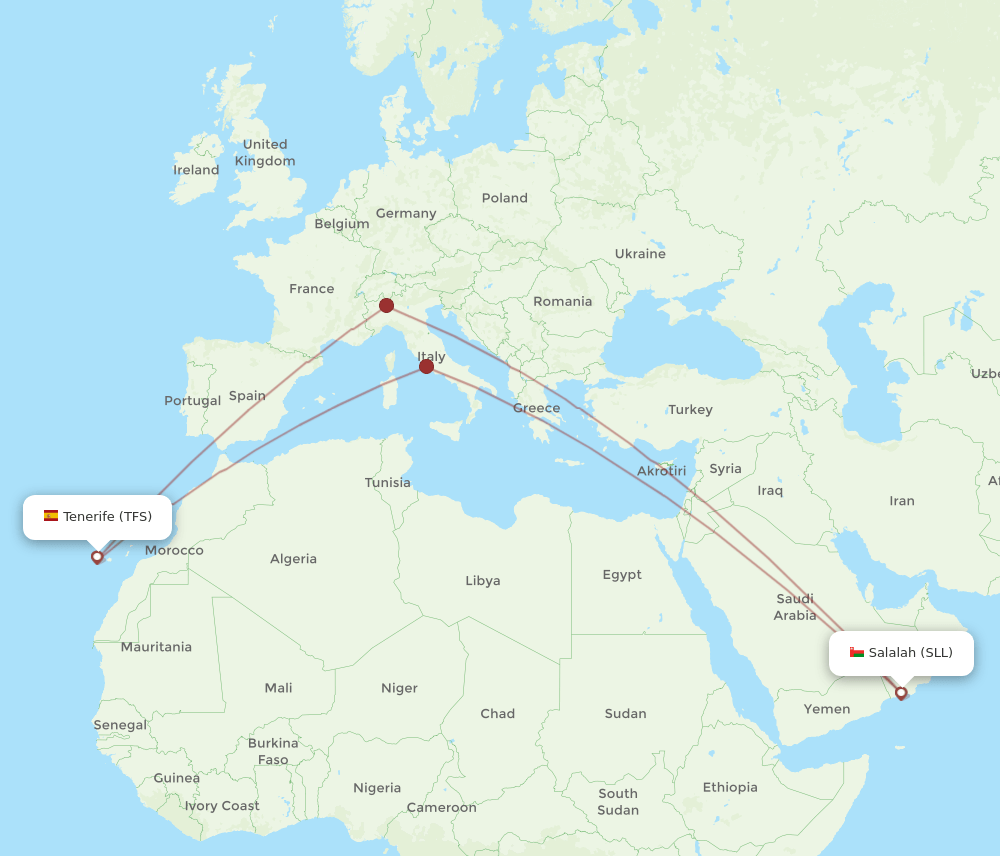 Tenerife - Salalah route map and flight paths