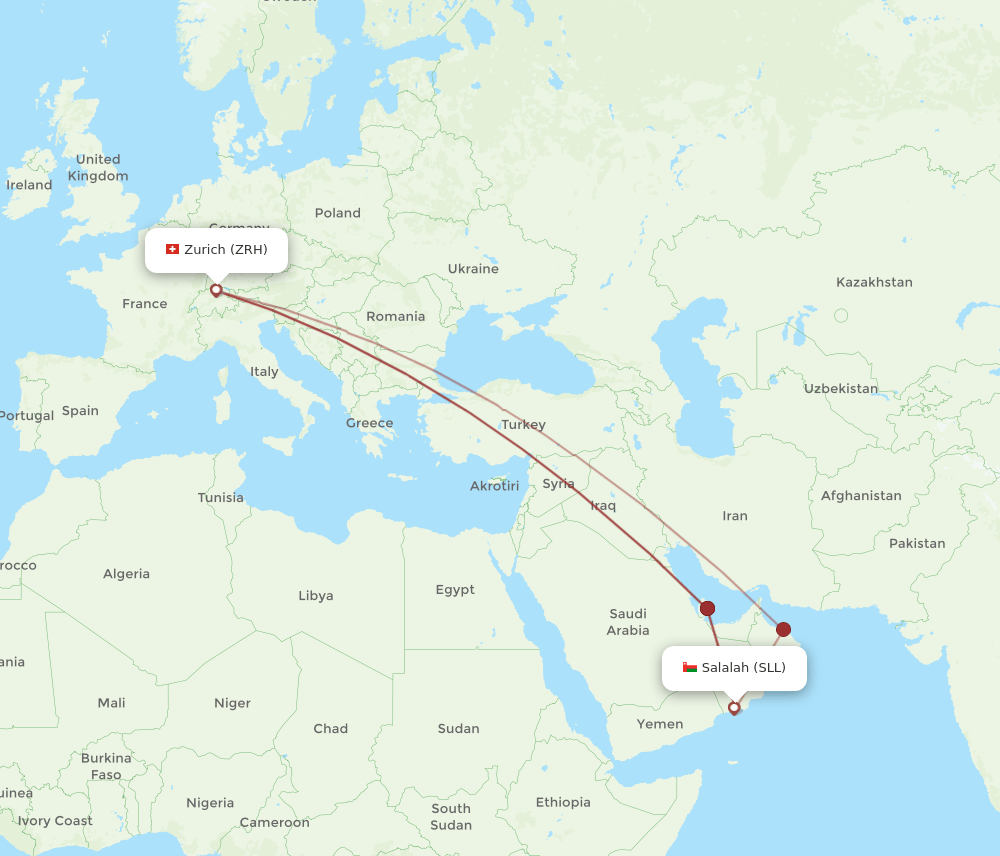 Zurich - Salalah route map and flight paths