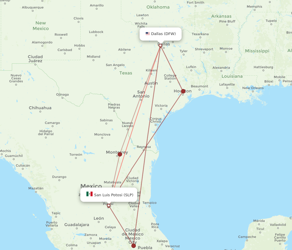 SLP to DFW flights and routes map