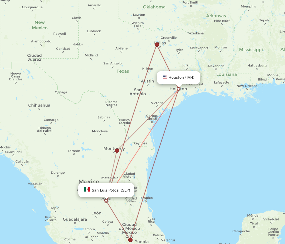 SLP to IAH flights and routes map