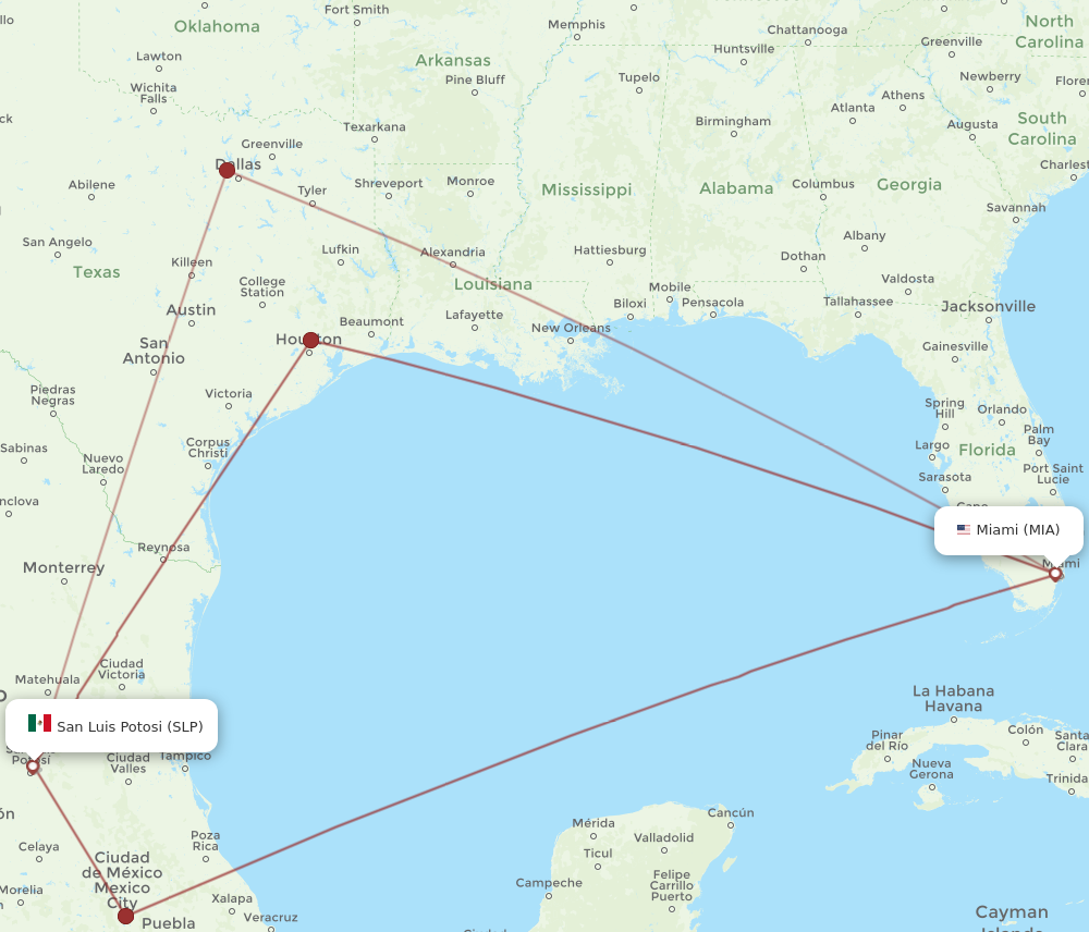 SLP to MIA flights and routes map