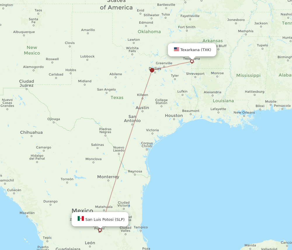 SLP to TXK flights and routes map