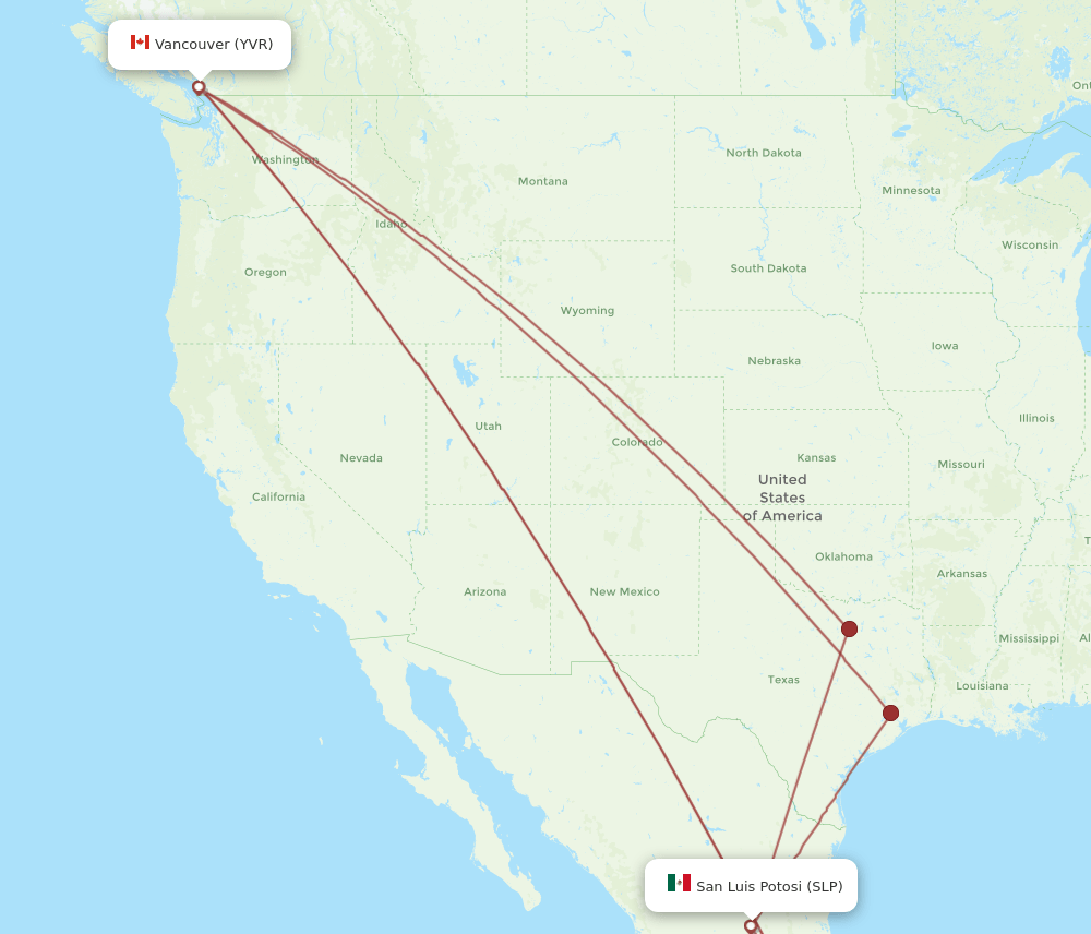 Vancouver - San Luis Potosi route map and flight paths