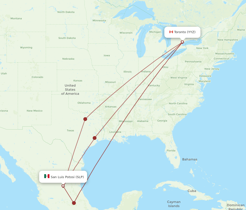 Toronto - San Luis Potosi route map and flight paths