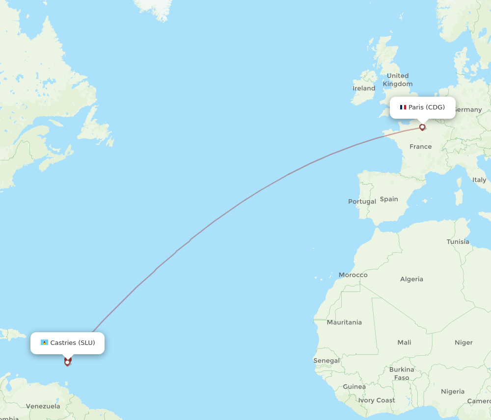 Paris - Saint Lucia route map and flight paths