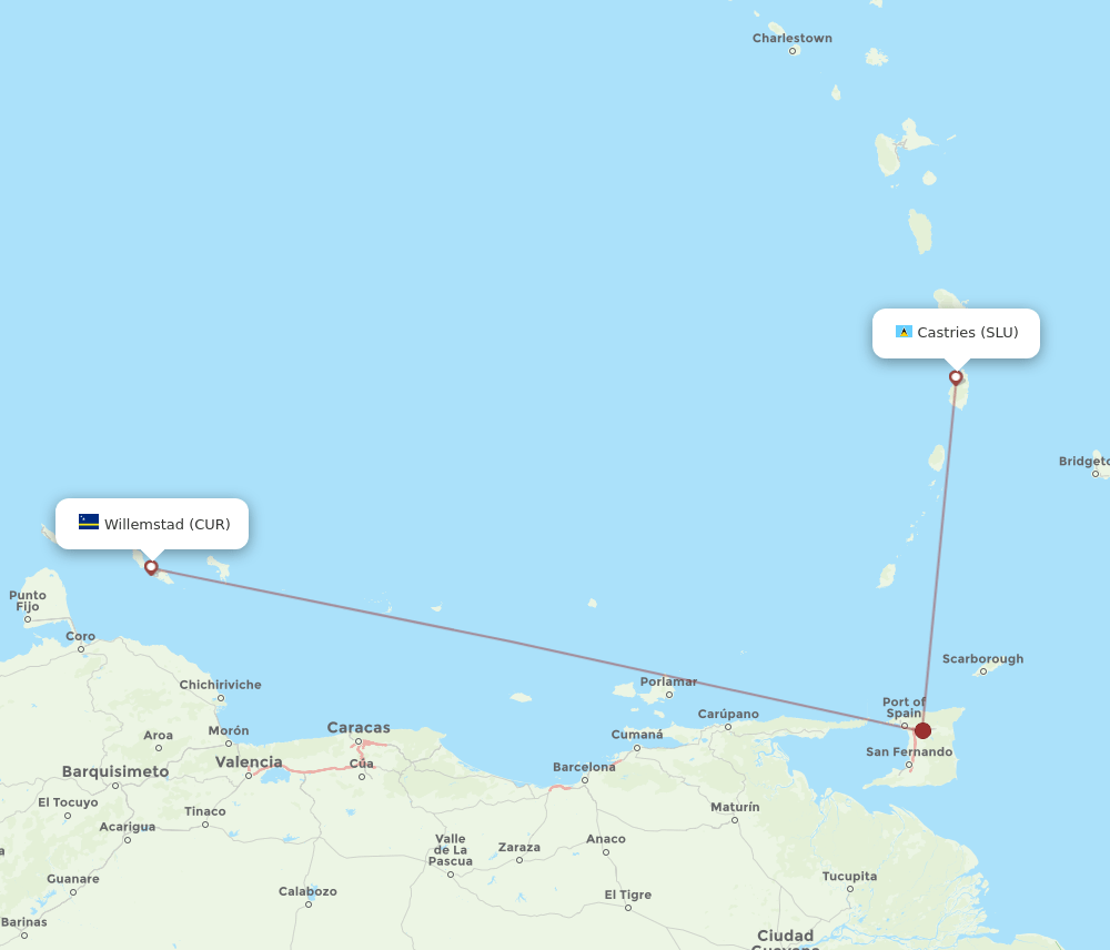 Curacao - Saint Lucia route map and flight paths