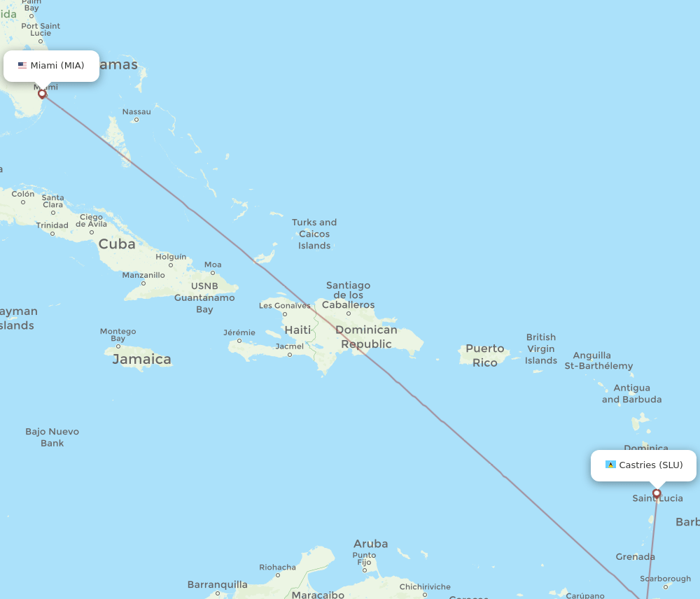 Miami - Saint Lucia route map and flight paths