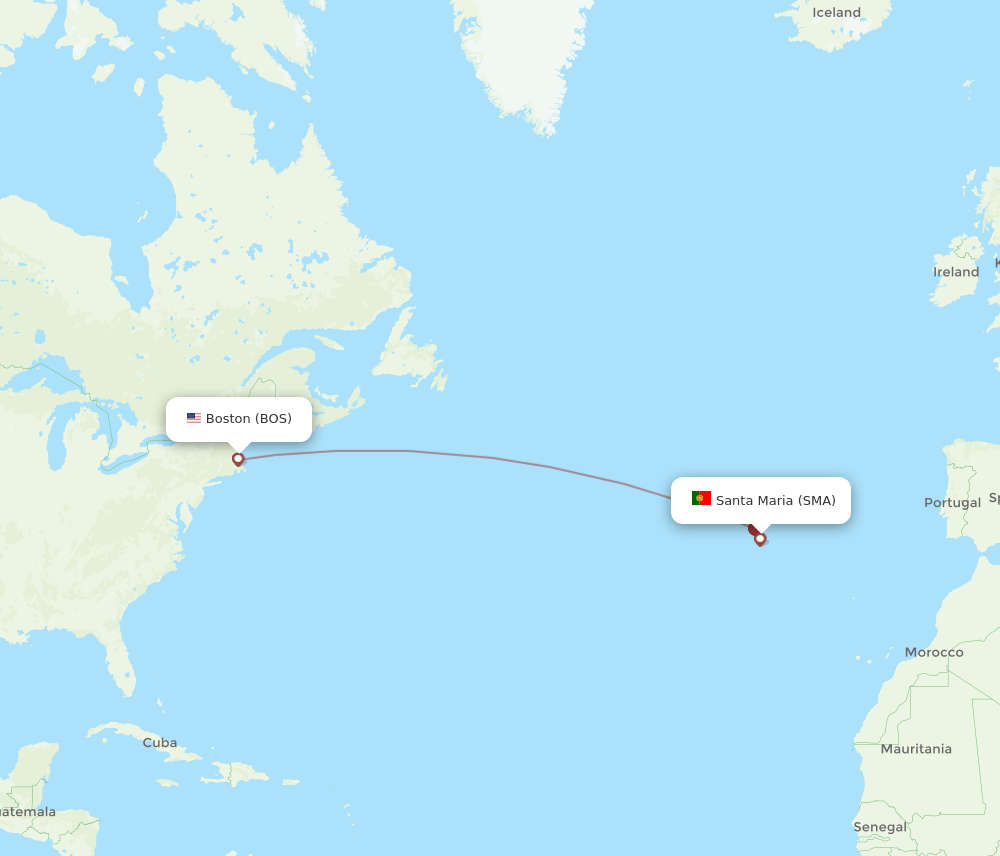 Boston - Santa Maria (Azores) route map and flight paths