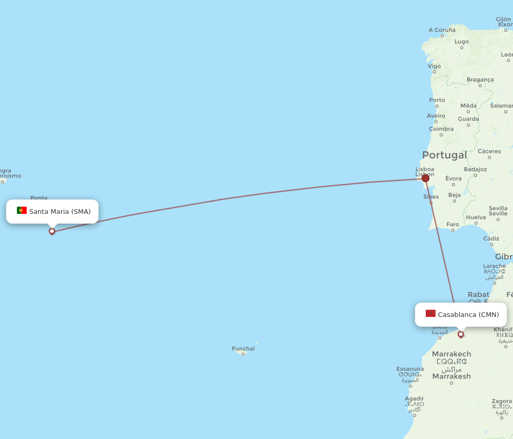 Casablanca - Santa Maria (Azores) route map and flight paths