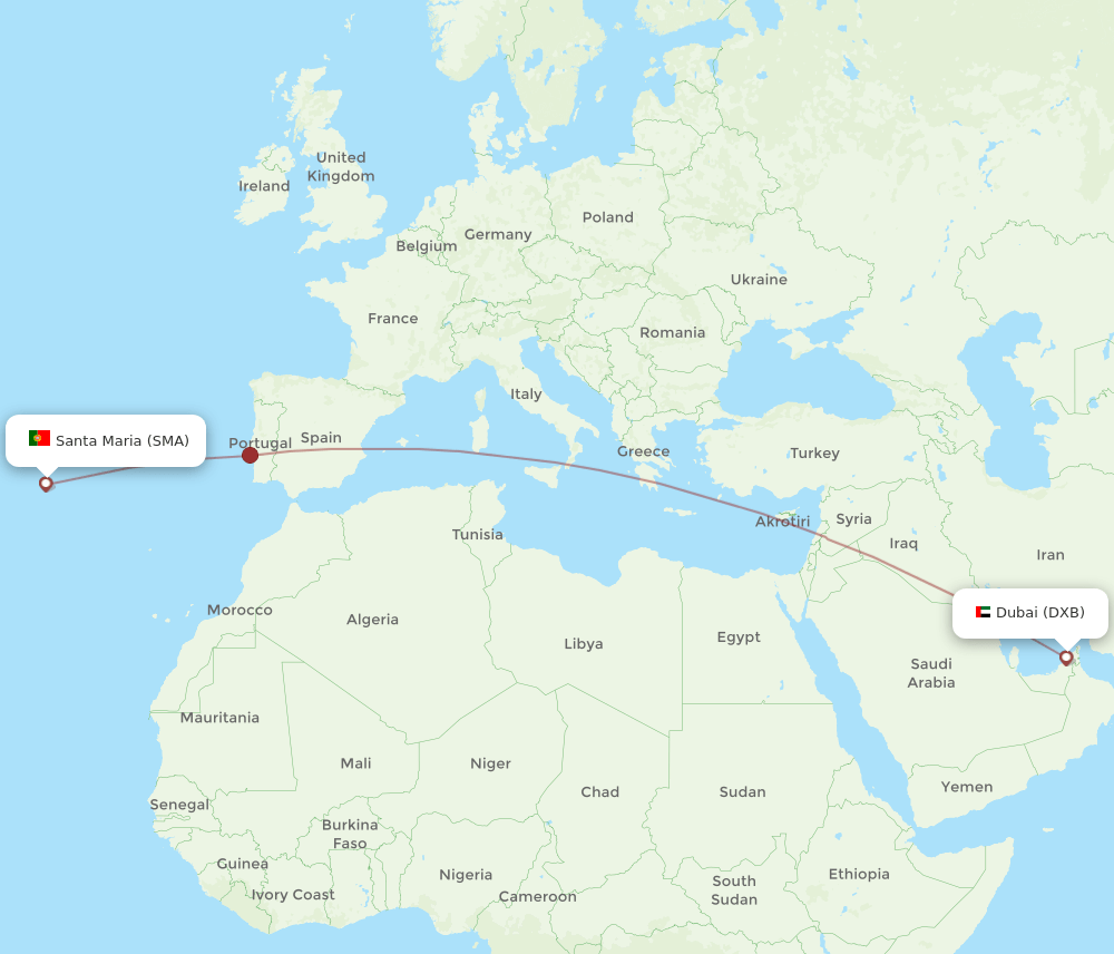 Dubai - Santa Maria (Azores) route map and flight paths