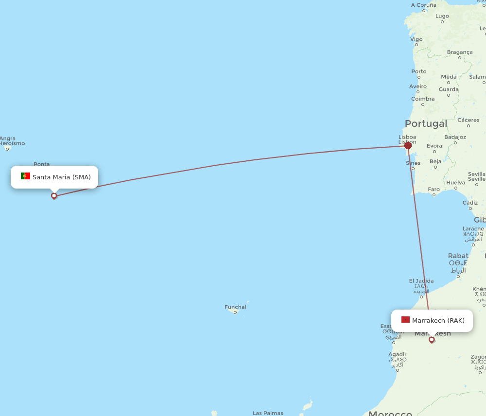 Marrakech - Santa Maria (Azores) route map and flight paths
