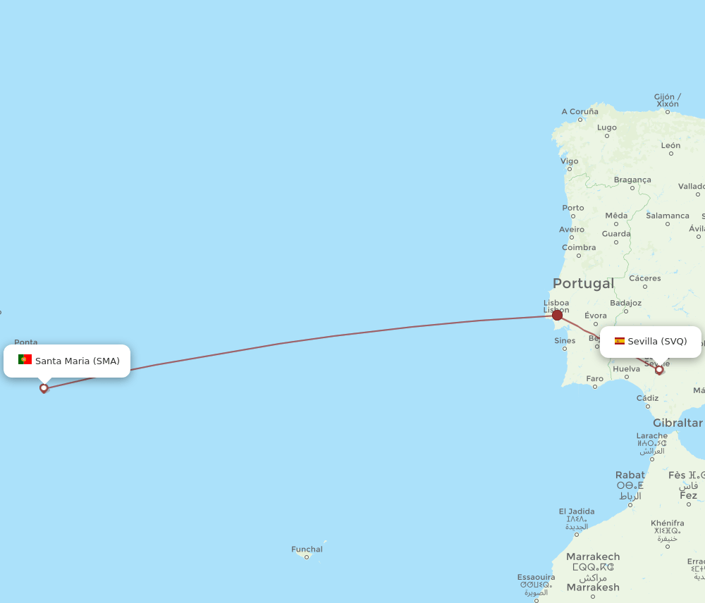 Santa Maria (Azores) - Sevilla route map and flight paths