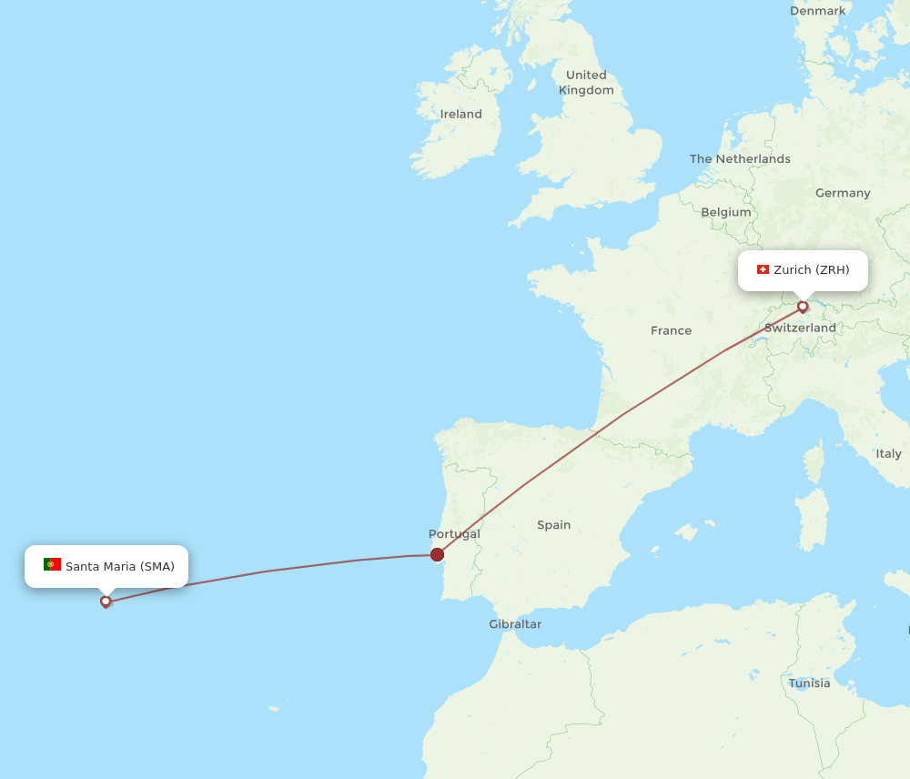 Zurich - Santa Maria (Azores) route map and flight paths