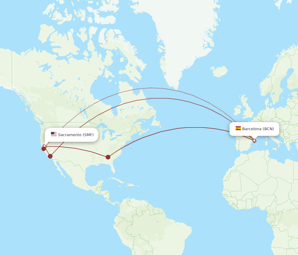 SMF to BCN flights and routes map